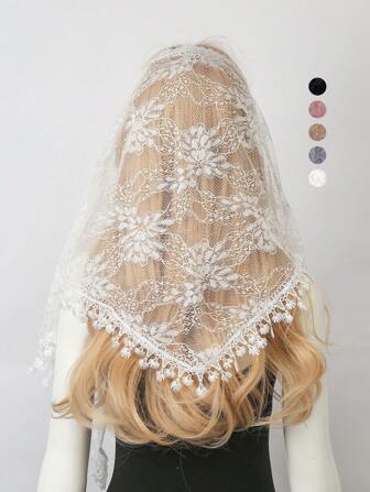 1 pieza Pañuelo triangular de mujer de unicolor con bordado, encaje hueco y flecos, pañuelo para el sol minimalista de moda, elegante chal decorativo para el Día de San Valentín