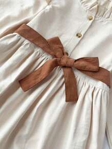 年轻女孩米色长袖立领系带 A 字裙，春秋装 - 米色 - 查看 5