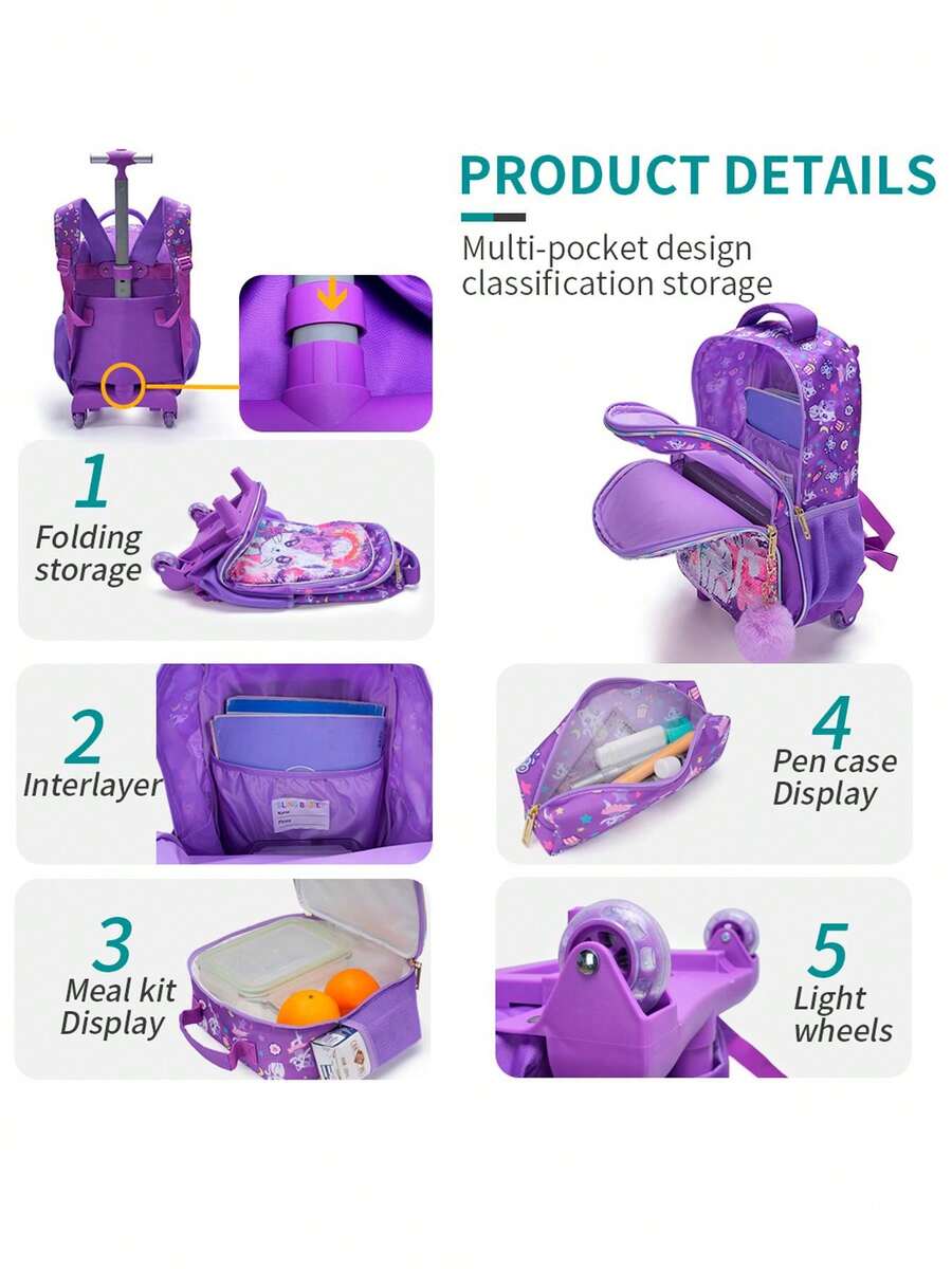 BLING BABIES 3PCS Set Rolling Backpack For Girls Purple Cute Cartoon