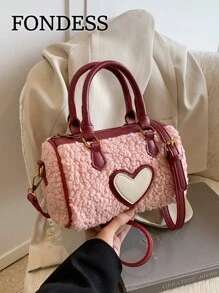 2024 秋冬新款毛绒手提包，时尚时尚心形斜挎包，拉链开合圆柱形波士顿迷你包，适合日常使用，手机，日期，礼物 - 粉色 - 查看 10