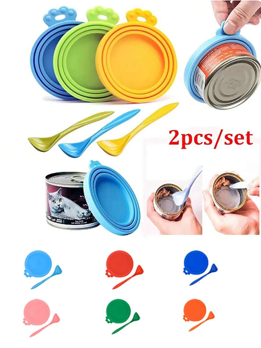 Set de 2 latas reutilizables para comida de mascotas, tapa y cuchara portátil, tapa para conservar la salud de perros y gatos, suministros para mascotas