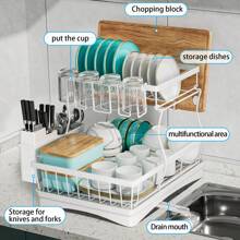 1 Piece Large Dish Drying Rack, 2 Tier Dish Rack For Kitchen Counter, Removable Large Capacity Dish Drainer Organiser With Cutlery Rack, Dish Drying Rack With Draining Board, White/Black - White - View 5