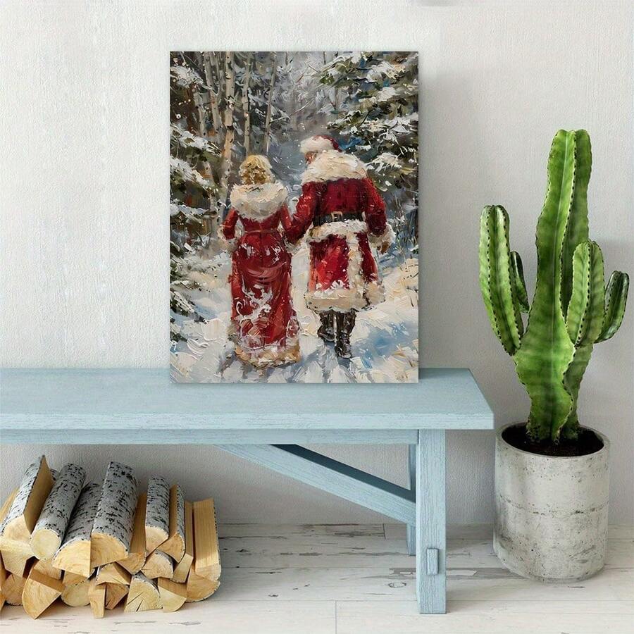 1 bức tranh vải canvas ông già Noel và ông già Noel đi bộ trên tuyết cổ điển trang trí Giáng sinh, thích hợp cho tường nhà, kỷ niệm, trở lại trường, tốt nghiệp, không có khung - Nhiều màu - Xem 1