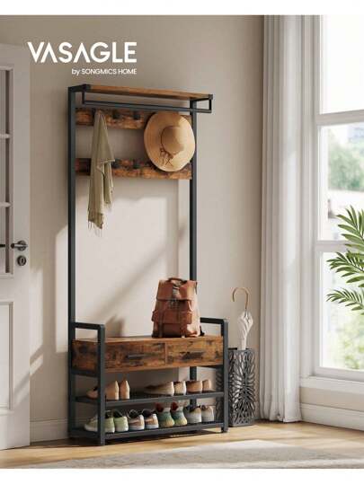 VASAGLE Perchero Recibidor, Mueble de Entrada con 10 Ganchos Extraíbles, 2 Cajones, Banco Zapatero, Diseño Separable, 30 x 80,4 x 181,6 cm, Marrón Rústico y Negro Tinta, Regalo de Navidad