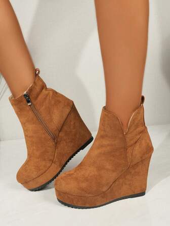 Women's Platform Thermal Lined Ankle Boots With Side Zipper, Winter Warm Black Booties,Wear With Jeans