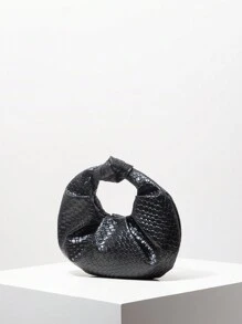 1 件女士复古休闲仿编织皮革手提包，打结新月形状，褶皱云装饰，纯色时尚钱包适合派对、约会、聚会（图案随机） - 黑色 - 查看 3