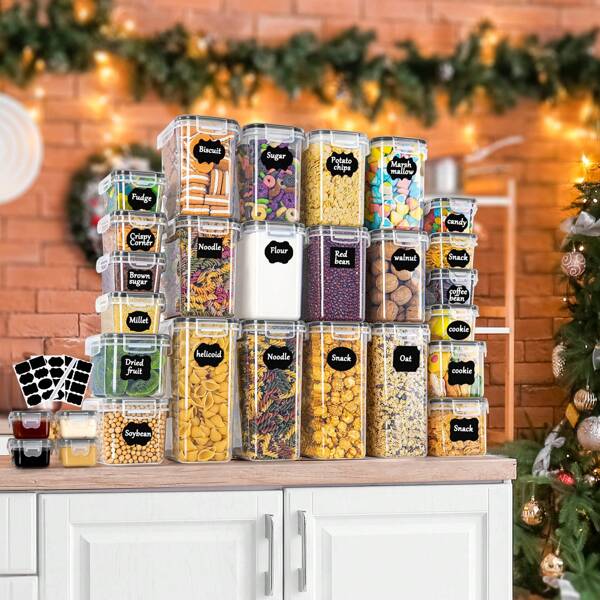 Lot de 28 boîtes de conservation, boîte de rangement, organisateur de cuisine, boîte de conservation hermétique en plastique avec couvercle, boîte de conservation pour farine de céréales, grains de café, cornflakes, 2 L 1,4 L 0,8 L 0,32 L 0,06 L