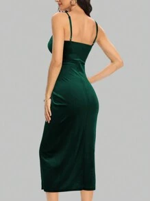 Missufe Women's Wrap Dark Green Spaghetti Strap Slit Velvet Slim Fit Cocktail Dress Glittery Elegant Midi Adjustable Dress, Prom Semi Formal Dress, For Birthday, Wedding Guest, Graduation, Dinner, Homecoming, Party Dress
