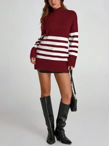 Women's Oversized Striped Sweater Autumn Casual Long-Sleeved Turtleneck Jumper Coarse Knit Sweater