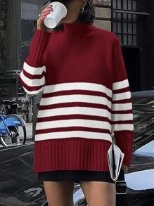 Women's Oversized Striped Sweater Autumn Casual Long-Sleeved Turtleneck Jumper Coarse Knit Sweater