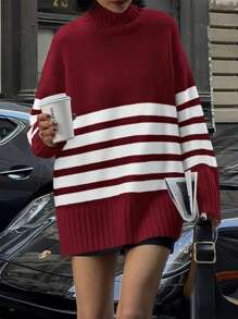 Women's Oversized Striped Sweater Autumn Casual Long-Sleeved Turtleneck Jumper Coarse Knit Sweater