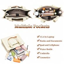 Barsine 女士笔记本电脑包，带口袋，15.6 英寸大号帆布手提包，工作旅行基本款，笔记本电脑/保护套/手提包/平板电脑单肩包，手提包，Ipad 包，背包，适合女士/男士/女孩/男孩/女性/男性学生，适合 Mac Book Air/Pro11/13/14/46 英寸，时尚防水/防震轻便书包，适用于办公室旅行商务护士大学/学院必备圣诞节/父亲/母亲/教师礼物，小学/初中/高中，工作通勤外出，带电脑隔层，大容量，便携，简约，多功能，带拉链笔记本电脑配件套 - 白色 - 查看 4