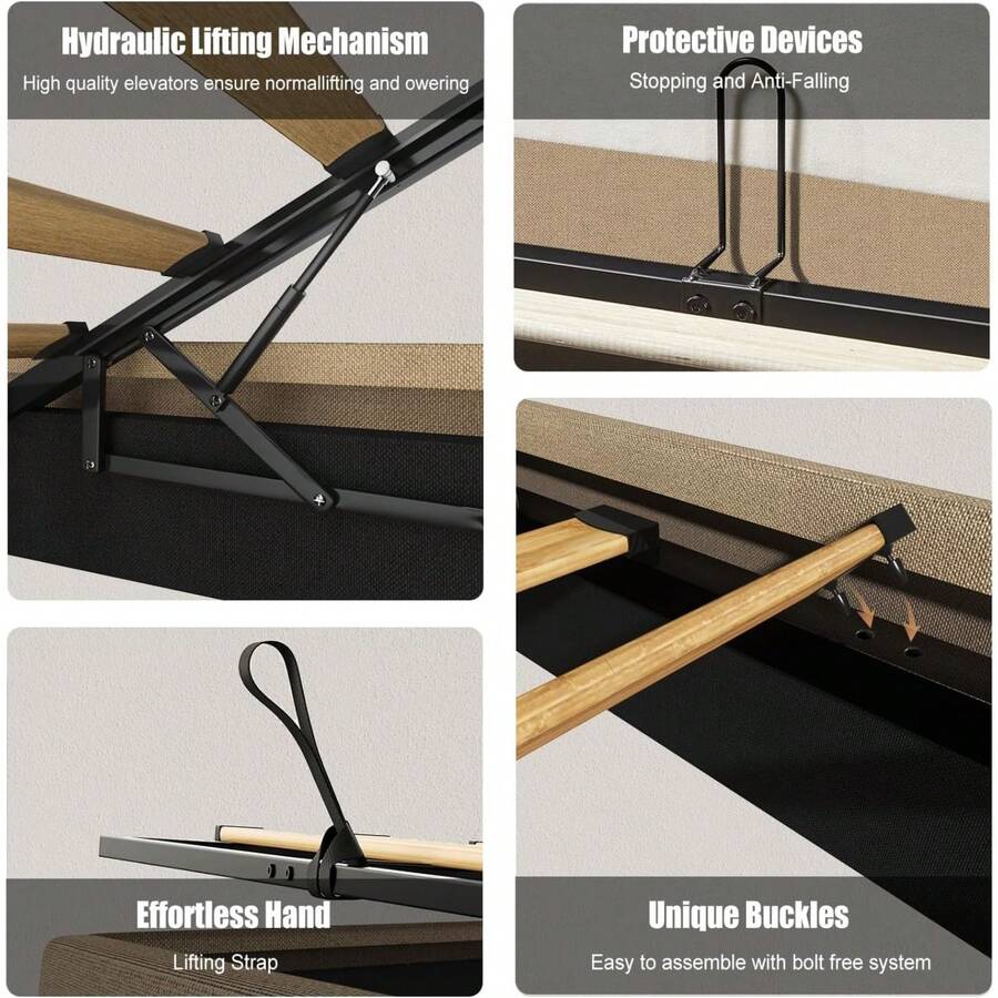 Queen Bed Frame, Lift Up Storage Bed Frame With Upholstered Headboard