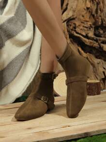 2024 Autumn Winter New Brown European American Fashion Chunky Heel Back Zipper Buckle Point Toe Suede Boots, Women's Adjustable Low Heel Short Western Boots - Brown - View 1