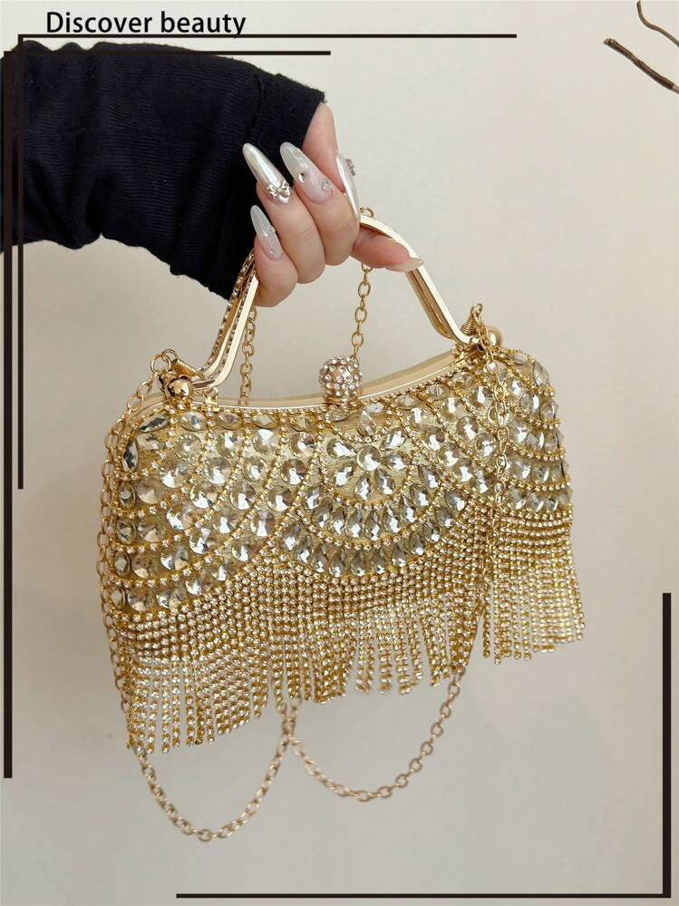 -Sparkling-Clutch-Purse-With-Tassel 1pc New Rhinestone Embellished Evening Bag, Sparkling Clutch Purse With  Tassel, Formal Dress Party Wedding Bridal Gown Accessory Gift For Women,  Comes With Metal Chain Strap For Crossbody Wear, Party Bag Perfect