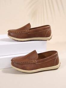 男童平底一脚蹬乐福鞋小皮鞋，时尚软底休闲宽松一脚蹬复古英伦风格运动鞋船鞋，适合春秋季 - 棕色 - 查看 5