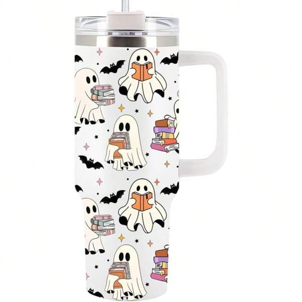 1pc 40 Oz Halloween Tumbler With Handle, Ghost Reading Book Tumbler With Lid And Straw, Large Capacity Stainless Steel Travel Mug, Portable Insulated Vacuum Cup, Suitable For Outdoor Travel