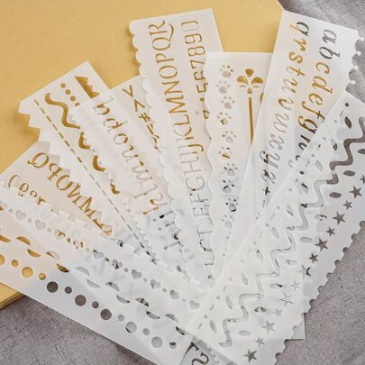 8 piezas Plantillas reutilizables de material PP con letras, plantillas de trazado de alfabeto huecas con encaje, hojas, automóvil, clima, patrones de animales, adecuadas para diarios y manualidades DIY - Juego de plantillas de pintura de 2x7 pulgadas, útiles escolares