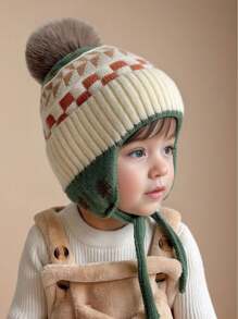 1pc Kids Knitted Beanie Hat With Fashion Pom Pom, Unisex, Windproof & Warm For Autumn/Winter - Knitted Hat-wool Ball - View 3