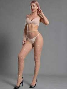 Medias de Red con Brillos y Diamantes de Cintura Alta para Mujer | Medias de rejilla para mujer - Beis - Ver 6