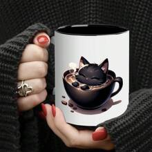 1个卡通黑猫印花11盎司陶瓷咖啡杯，趣味设计，适合夏季和冬季使用，生日礼物、节日礼物、完美的圣诞礼物送给朋友 - 彩色 - 查看 8