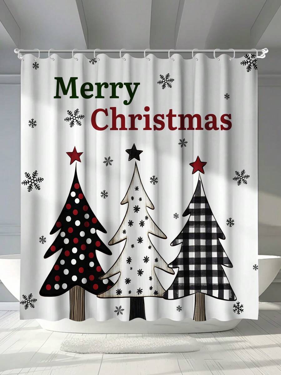 1 件圣诞树、雪花、星形装饰数码印花防霉防水浴帘，配有 12 个塑料挂钩和金属索环，耐用坚固的浴室配件 - 彩色 - 查看 1