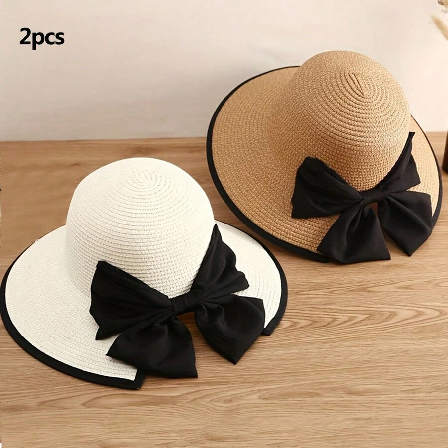 2pcs Summer New Big Brimmed Straw Hat Women's Bow Hollow Breathable Grass Weaving Beach Vacation Sunshade Hat - Multicolor - View 1