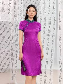 短袖开叉大腿提花花卉图案新款中式旗袍连衣裙 - 紫色 - 查看 5