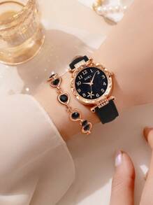 SOKI SOKI 一套女士时尚休闲石英表，桃形表盘，搭配心形项链、耳环、手链和戒指，适合日常佩戴、生日礼物、派对、节日聚会，是送给自己或朋友的理想礼物。不含包装盒。 - 黑色 - 查看 2