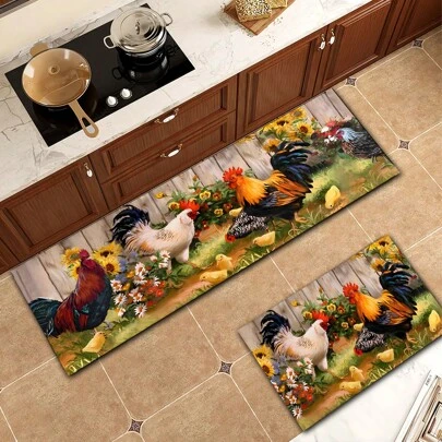 1pc Home Decor, Oil-Resistant Kitchen Rug, Rooster & Sunflower Anti-Fatigue Kitchen Mat, Farmhouse Non-Slip Waterproof Kitchen Carpet Set, Hallway Rug, Bedside Rug, Super Absorbent Washable Carpet For Farmhouse Kitchen, Corridor, Home Office, Sink, Laundry Room