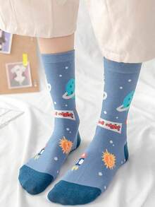 2 双太空主题卡通宇航员和星球印花中筒袜，男女皆宜，多种颜色，秋冬款 - 彩色 - 查看 7