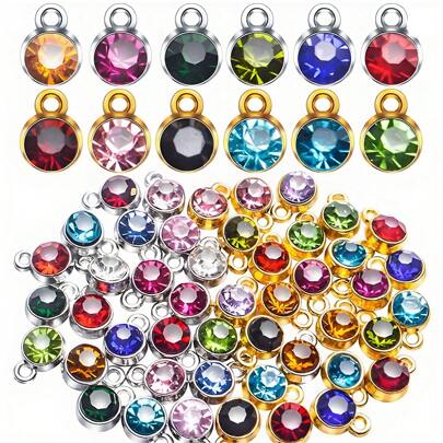 24/48 piezas Pequeños dijes de piedras de nacimiento, dijes redondos de rhinestone de piedras de nacimiento, dijes colgantes con anillos, suministros para hacer joyería