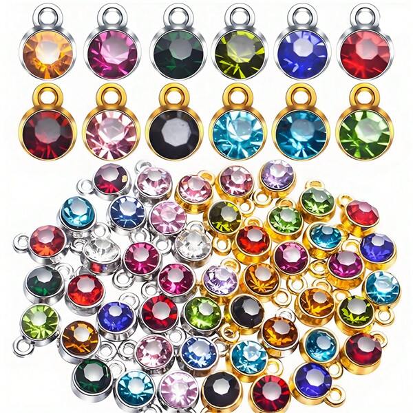 24/48 Pcs Small Birthstone Charms Round Rhinestone Charms Birthstone Pendant Charms Dangle Pendants With Rings Jewelry Making Supplies