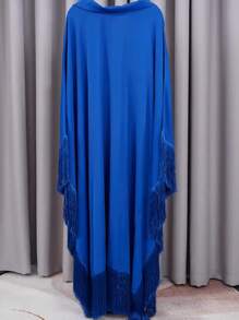 Effen kleur staande kraag kwastjes lange bescheiden lange mouwen abaya Arabische jurk voor dames, kaftan