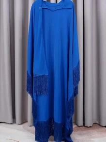 Effen kleur staande kraag kwastjes lange bescheiden lange mouwen abaya Arabische jurk voor dames, kaftan