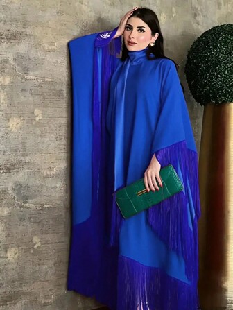 女式纯色立领流苏长袖阿拉伯长袍，长袍