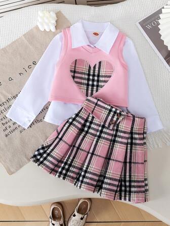 Young Girl 3pcs/Set Casual Solid Shirt, Checkered Heart Vest And Checkered Skirt Set