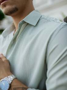 Men's Striped Shirt With Italian Collar And Pearl Buttons - màu xanh lá - Xem 1