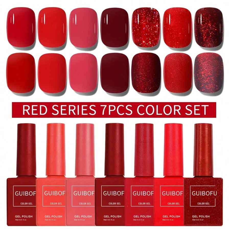 7pcs Gel Nail Polish Set, Autumn Glitter Soak Off UV Nail Polish Kit, Removable Nail Art Design, Solid Color, 15ml/Bottle - Multicolor - View 1