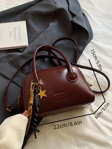 女士时尚个性精致小枕头包波士顿包 PU材质 拉链防盗 带星星吊坠 休闲风 INS风 韩版简约百搭 手机包 手拿包 带肩带 节日礼物 - 酒紅色 - 查看 5