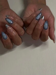 24 piezas de uñas postizas de forma de almendra media azul francés con rayas plateadas 3D, adecuadas para todas las mujeres para uso diario