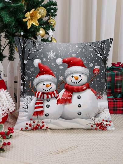 1 件圣诞雪花和雪人复古图案枕套，现代布艺毛绒印花靠垫套，适用于沙发、客厅圣诞装饰，不含填充物