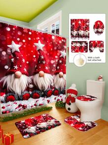 1/2/3/4 Pieces Three Christmas Gnomes Pattern Digital Printed Waterproof Shower Curtain, Bathroom Set, Bathroom Non-Slip Mat, Toilet U-Mat, Toilet Cover, Comes With 12 Hooks And 1 Shower Globe, Perfect Christmas Gift For Yourself And Your Family, Multiple Sizes Available! Home Bathroom Decor Fall Decor Bathroom Accessories Back To School