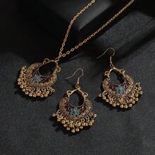 3 件套金色婚礼首饰套装女士复古古董雕刻心形吊坠耳环项链波西米亚花朵首饰 - 項鍊+耳環 - 查看 6