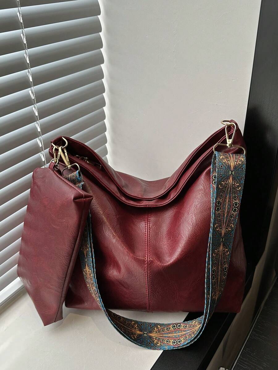 1 Bộ túi xách xô tối giản dung tích lớn thường ngày & túi xách đeo chéo - Màu Đỏ Sâu - Xem 1