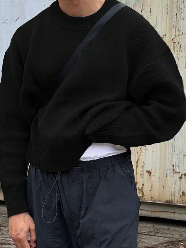 Herren lässiger, weiter Pullover mit Rundhalsausschnitt, Streetwear-Stil, einfarbig, Langarm, vielseitig einsetzbar, geeignet für Frühling, Herbst, Winter