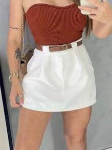 Plain Tailored Short Skirt, Feminine, Short, Side Pockets, With Belt. - trắng - Xem 1