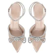 MUCCCUTE Bieosnli Women's Satin Lace Up High Heel Sandals Ankle Buckle Straps Pump Rhinestone Strip Bowknot Pointed Toe Stiletto Sandals - Màu be - Xem 2
