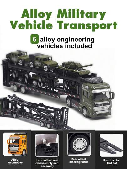 1 件 33 厘米平板拖车 + 6 件多主题拖车 7 合 1 套装，1:50 比例，多主题车辆模型，合金材料，多关节可移动，具有回弹前进功能，可拆卸驾驶室，逼真的细致玩具车辆礼盒，男孩的生日和节日礼物