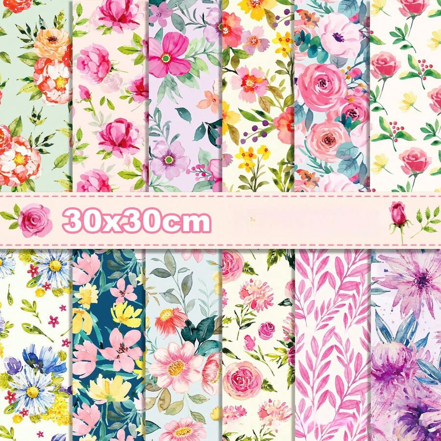 12 Sheets Blue And Red Floral DoubleSided Scrapbook Paper 30x30cm